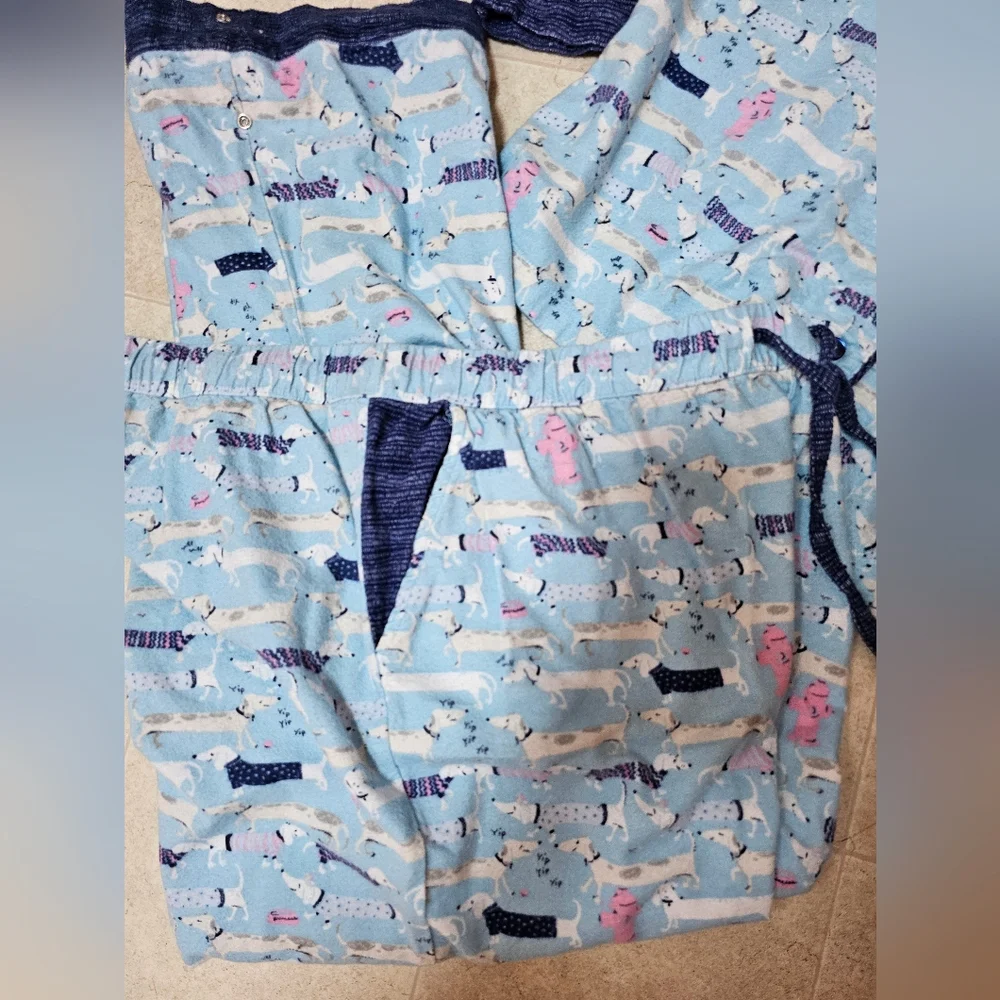 Munki Munki XXL Flannel Pajama Set Blue Dachshund Dog Print Button Up Fleece